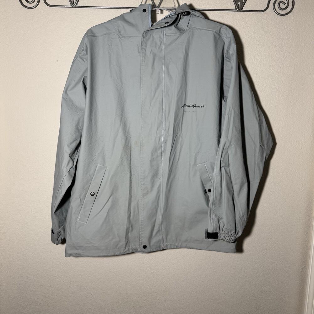 Vintage Eddie Bauer Jacket Men Large Gray Pocket Full Zip Hood Water Proof Coat